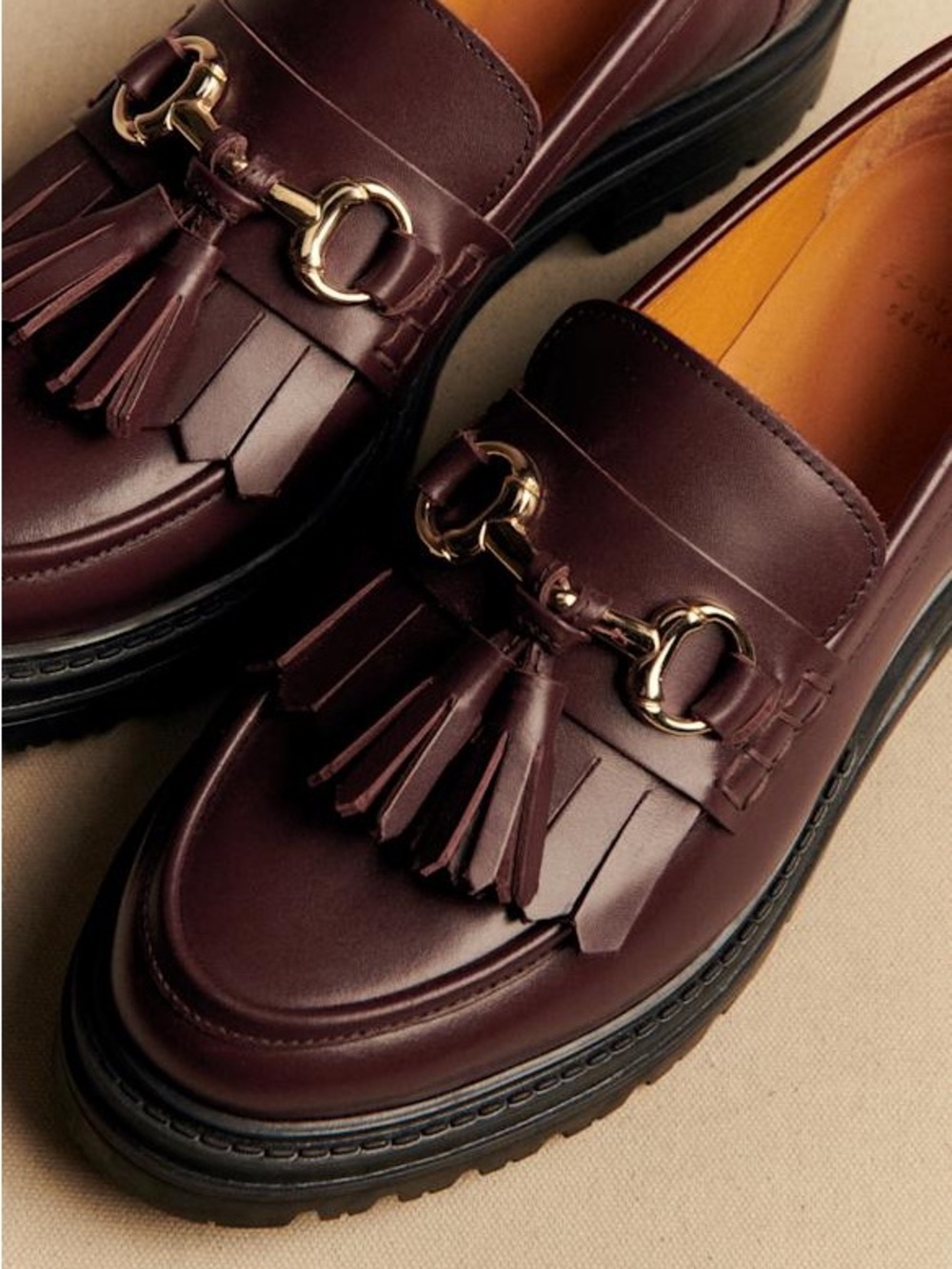 Sezane Brown Leather Tassel Loafers with Black Lug Sole - Picture 2 of 11